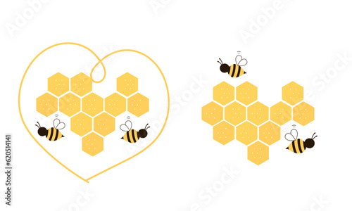 Beehive honey with hexagon grid cells, hand drawn heart line and bee cartoons signs isolated on white background vector.