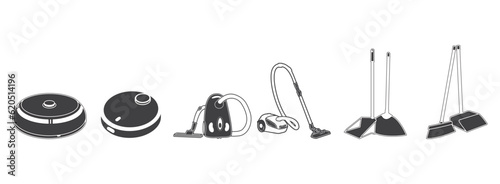 illustration of a robot vacuum cleaner.Evolution of cleaning devices: a broom, retro and modern vacuum cleaners, and a robotic one with a cat sitting on it. Set of modern flat style icons,
