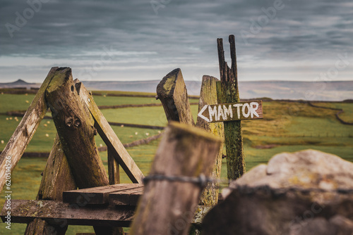Mam Tor wooden sign on the Peak District English countryside hiking trail