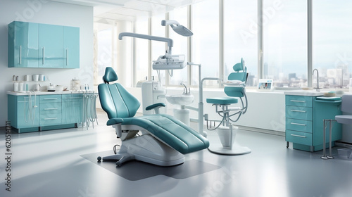 Modern dental practice Clinic interior room with chair  lamp  display with Building View Generative AI