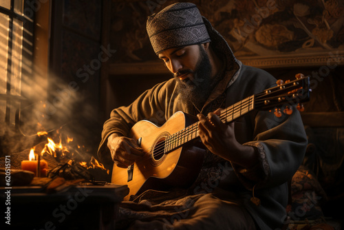 a Muslim guy immersed in his creative pursuits, whether it's playing a musical instrument, writing, or painting, emphasizing his artistic talents and passion for self-expression. Generative AI