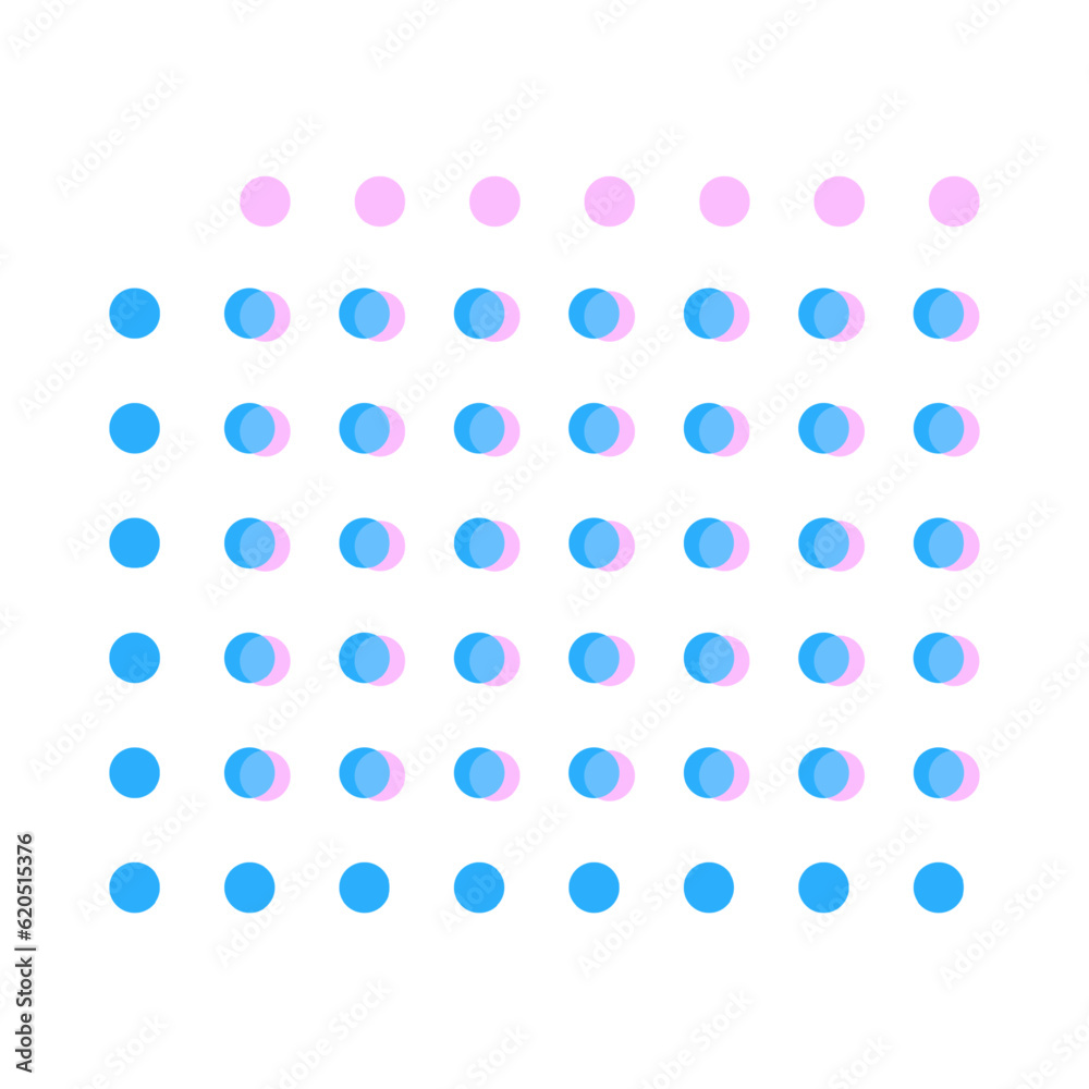 Overlay of blue and pink dots brochure element design. Gradient-like effect. Vector illustration with empty copy space for text. Editable shapes for poster decoration. Creative and customizable frame