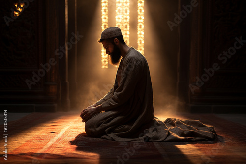 the moment of spiritual devotion of a Muslim guy during prayer, reflecting his connection with his faith and the importance of spirituality in his life. Generative AI