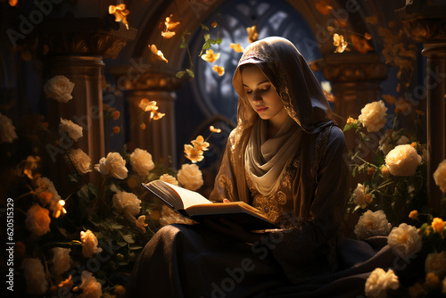 a Muslim girl wearing a hijab, engaged in reading a book, symbolizing her pursuit of knowledge and love for learning. Generative AI