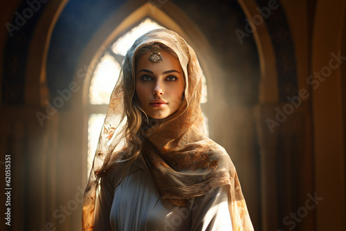 the cultural diversity within the Muslim community, featuring a Muslim girl dressed in traditional attire from her specific cultural background, emphasizing the richness and beauty Generative AI