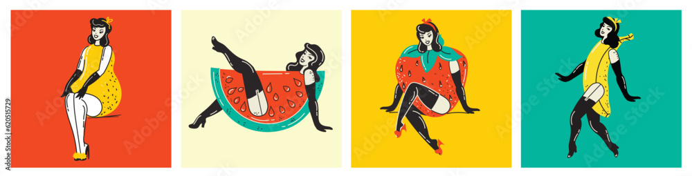Beautiful young girls with fruits costume. Hot summer concept for advertising. Poster, sticker templates Vector background in in groovy pin-up pop art retro comic style.