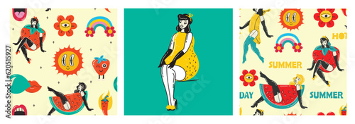 Beautiful young girls with fruits costume. Hot summer concept for advertising. Poster, sticker templates Vector background in in groovy pin-up pop art retro comic style.