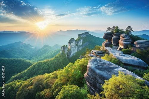 amazing rocky landscape with mountains and forest at sunset in shanghai