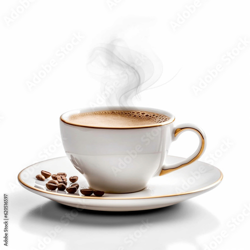 A cup of steaming coffee on a white background. Generative AI