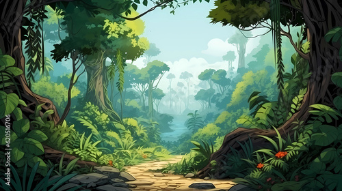 Hand-drawn cartoon beautiful illustration of primitive tropical rainforest 
