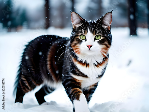 Black and white cat in the snow. Generative AI © Ramon