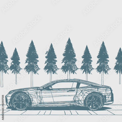 Sketch of a sports car in the pines forest. Vector illustration