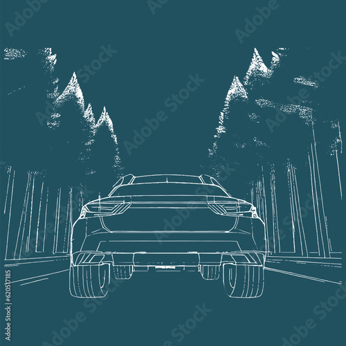 Sketch of a sports car in the pines forest. Vector illustration