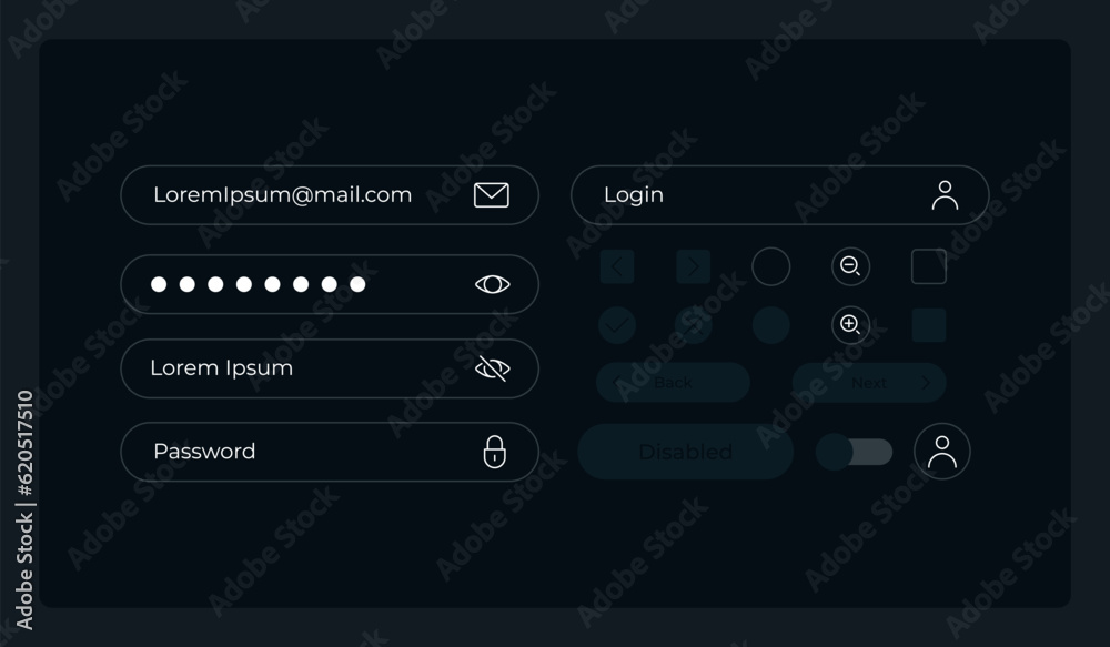Personal account control UI elements kit. Isolated vector components. Flat navigation menus and interface buttons template. Web design widget collection for mobile application with dark theme