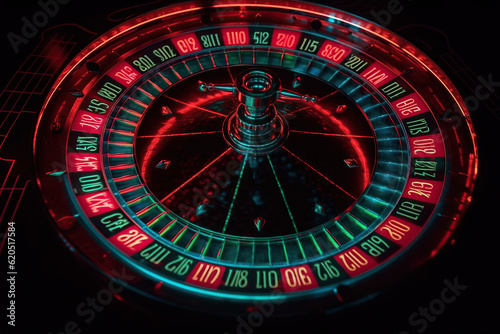 Neon Casino Slot Machine, Glowing Casino Roulette, digital futuristic and hologram concept, created with Generative AI