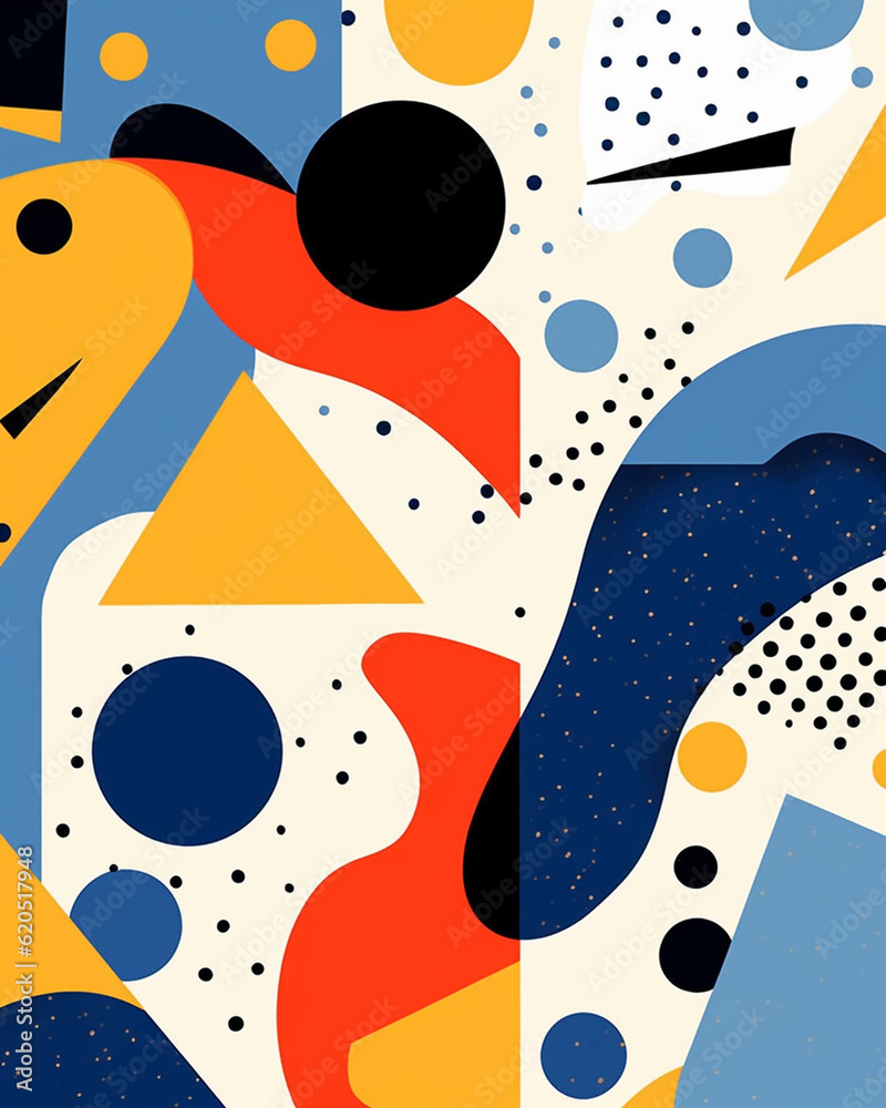 Abstract Memphis Cover Style Template - Trendy Minimal Design - Cool and Hip Geometric Shapes - Blue, Orange, Yellow, Black - Cream Beige Background - Dashes, Circles, Dots, Squiggles - Generative AI