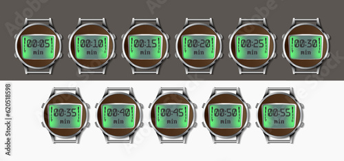 Vector set of electronic digital vintage round metal wristwatch with glowing green screen and four buttons. 5, 10, 15, 20, 25, 30, 35, 40, 45, 50 and 55 minutes. Timer. Countdown.