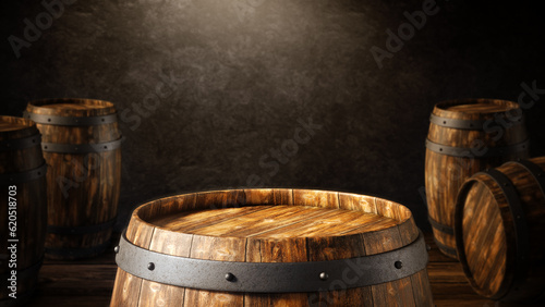 Photographie Close view of the surface of an old wooden barrel in a cellar or dark environment with soft warm light and with more barrels in the background