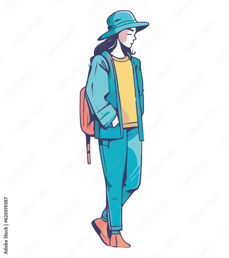 A young woman walking outdoors with a backpack A young woman walking outdoors with a backpack