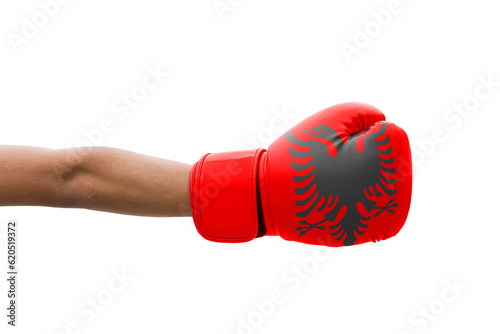 3D Flag of Albania on a boxing gloves. photo