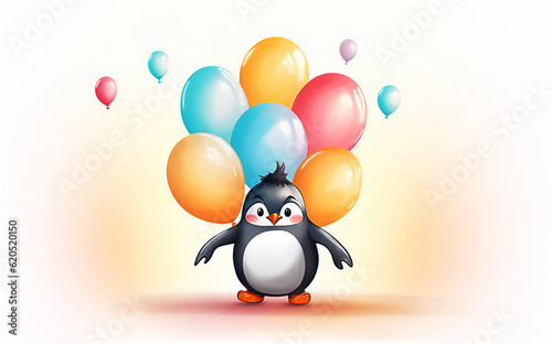 Happy Holiday Birthday . Happy Cute cartoon penguin. Illustration. Post processed AI generated image