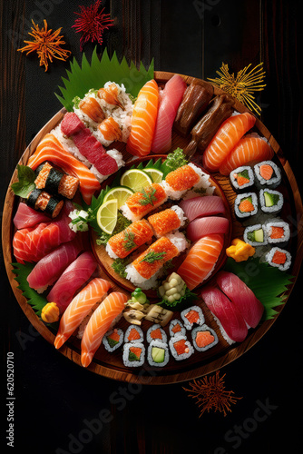 apanese sushi food. Maki ands rolls with tuna, salmon, shrimp, crab. Top view. generative ai, ai generative