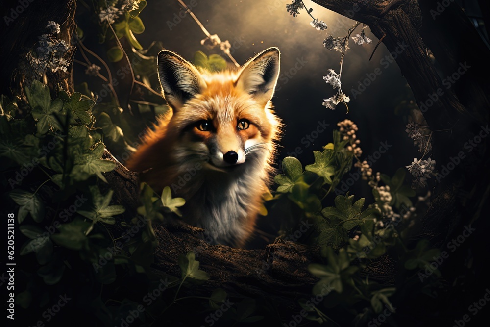 Fototapeta premium A fox lit by moonlight caught in plant trunk Generative AI