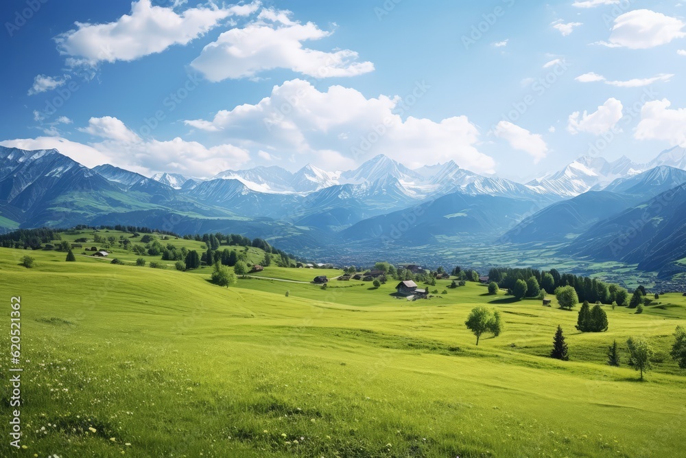 The serene countryside shows vast hills flowery meadows  Generative AI