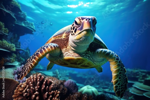 Ocean turtle with coral reef fish Generative AI