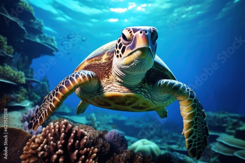 Fototapeta Naklejka Na Ścianę i Meble -  Ocean turtle with coral reef fish Generative AI