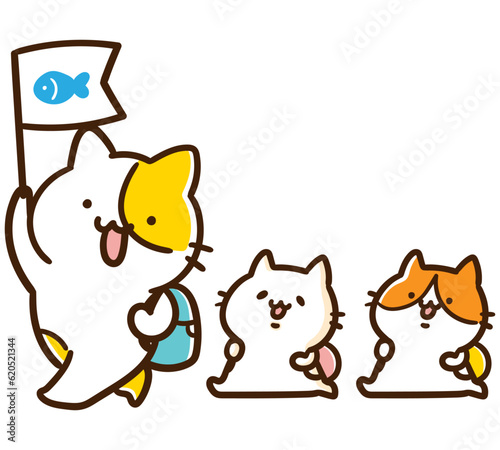 子どもたちを引率して遠足に出かけるかわいいねこのキャラクターのイラスト