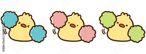 一生懸命応援するかわいい三匹のひよこのキャラクターのイラスト
