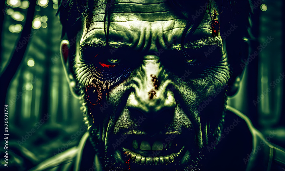 Zombie man, detailed face, sharp eyes, intricate epic dark forest in the background, Generative AI, Generative, AI