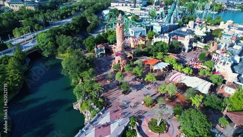 Island Of Adventure At Orlando Florida United States. Amusement Park Orlando United States. Business Clouds Downtown Cityscape. Business Outside Downtown District Panorama. photo