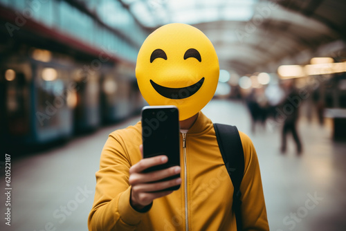 Happy smilie emoji mask on face of person while taking a selfie for social media sharing, AI generative illustration