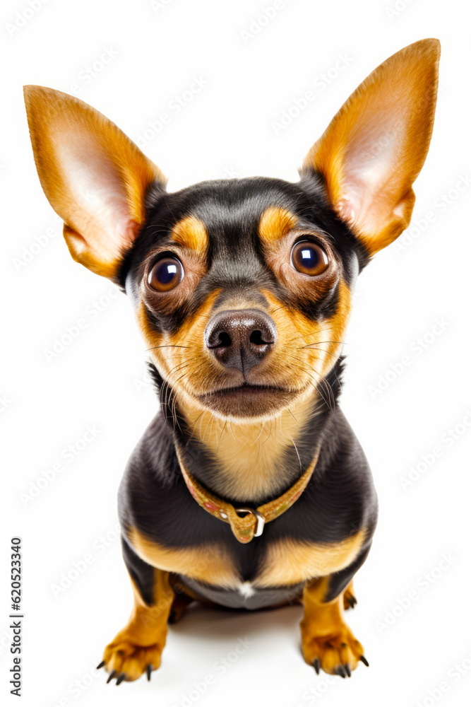 Close up of small dog wearing collar and looking at the camera. Generative AI.