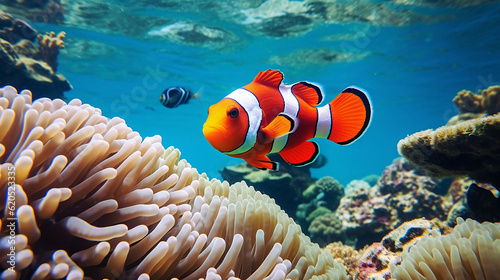 Underwater clownfish with coral algae, Generative AI