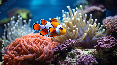 Underwater clownfish with coral algae, Generative AI
