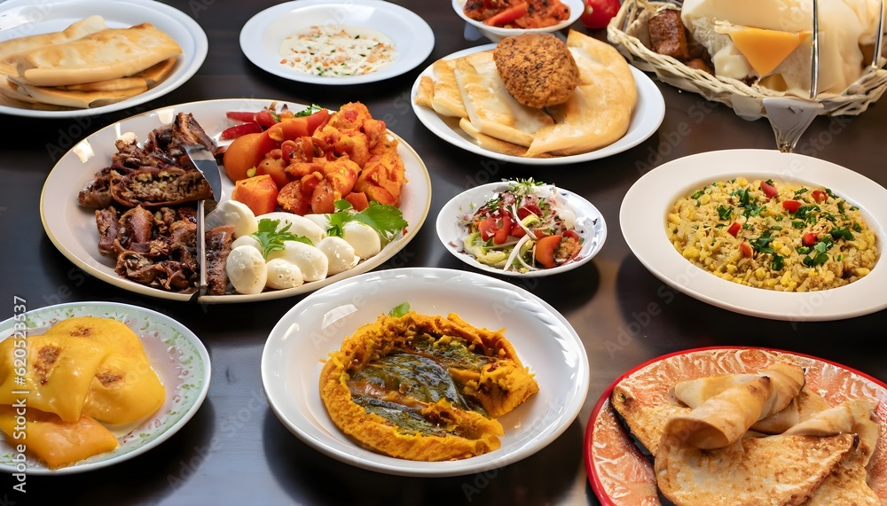 food set, Different types of food, United  Arab Emirates UAE commons attribution. table, fresh, delicious, food, meal, dish, dinner, meat, lunch, plate, chicken, healthy, AI Generated