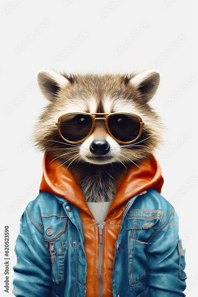 Raccoon wearing sunglasses and jacket with leather jacket on. Generative AI.