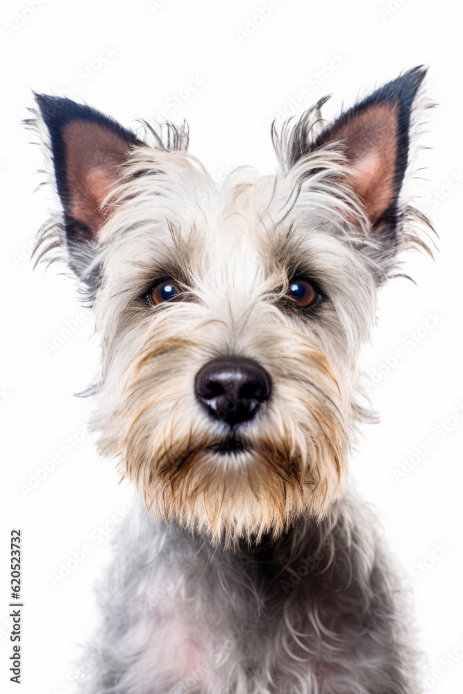 Close up of dog's face looking at the camera with white background. Generative AI.