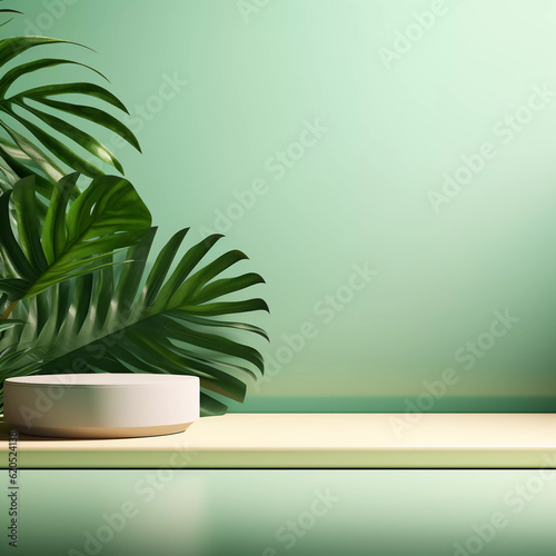 Wooden product display podium with green leave background  Minimalistic nature background  Template design for cosmetics  beauty nature product showcase  poster  banner  cover design  AI generated.