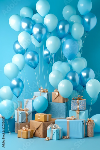 Bunch of blue and white balloons and presents on blue background with blue wall. Generative AI.