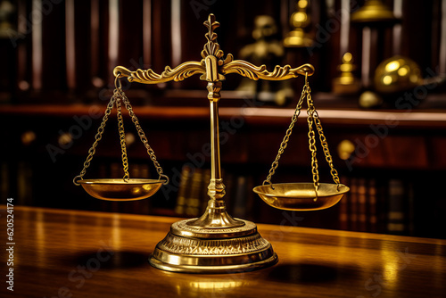 Golden balance scale sitting on top of wooden table in courtroom. Generative AI.