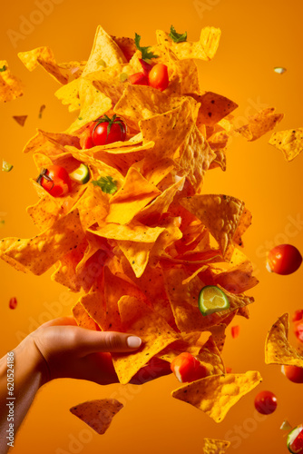 Hand holding tortilla chip in front of pile of chips. Generative AI.