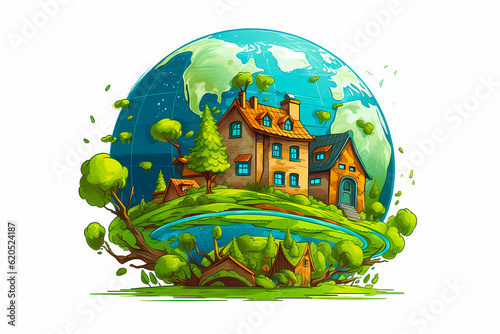 House on hill with tree and globe in the background. Generative AI.