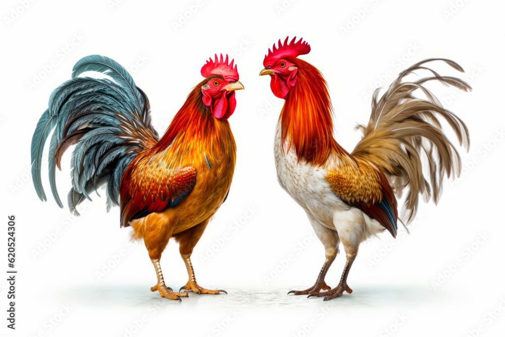 Couple of roosters standing next to each other on white background. Generative AI.