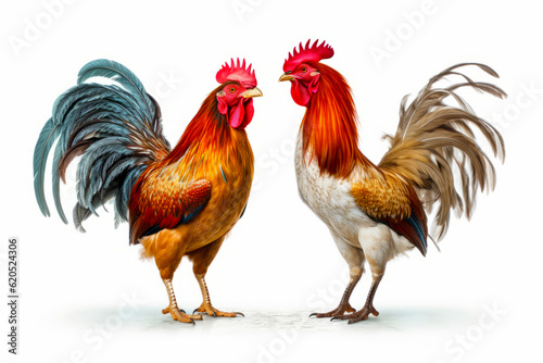 Couple of roosters standing next to each other on white background. Generative AI.