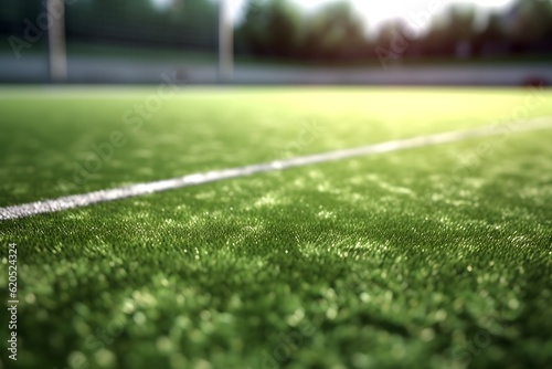 Soccer field background with green grass and white marking lines.