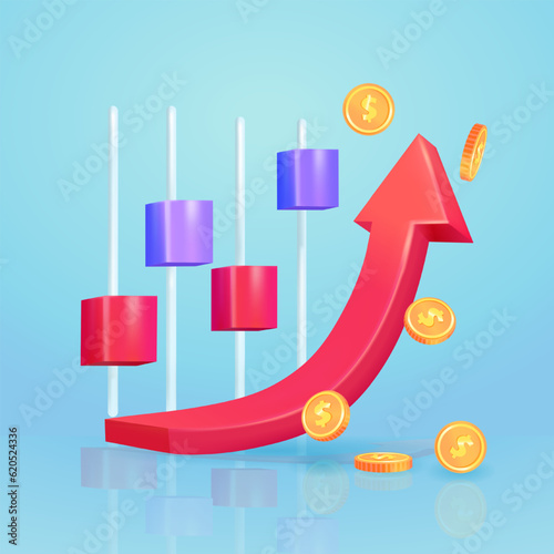 Growth stock chart, 3d vector with coin money elements, descending and ascending beams, excellent investment business chart. suitable for business and presentations